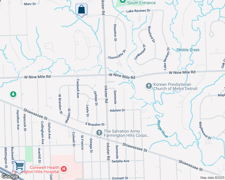 map of restaurants, bars, coffee shops, grocery stores, and more near 22164 Seminole in Southfield
