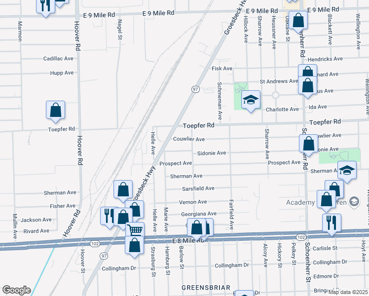 map of restaurants, bars, coffee shops, grocery stores, and more near 12479 Sidonie Avenue in Warren