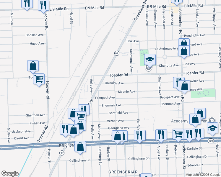 map of restaurants, bars, coffee shops, grocery stores, and more near 12479 Sidonie Avenue in Warren