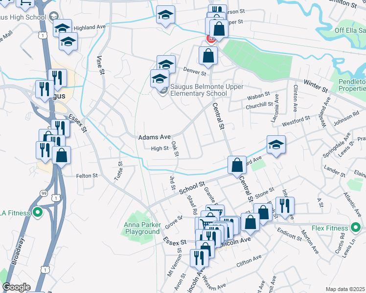 map of restaurants, bars, coffee shops, grocery stores, and more near 28 Forest Avenue in Saugus