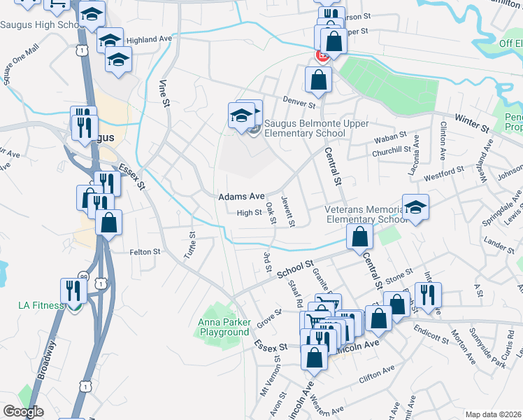 map of restaurants, bars, coffee shops, grocery stores, and more near 28 Forest Avenue in Saugus