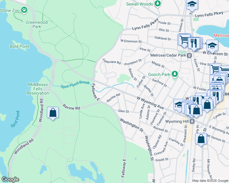 map of restaurants, bars, coffee shops, grocery stores, and more near 32 Ravine Road in Stoneham
