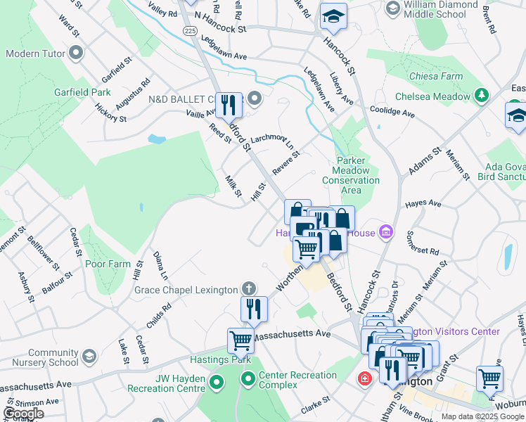 map of restaurants, bars, coffee shops, grocery stores, and more near 2 Shirley Street in Lexington