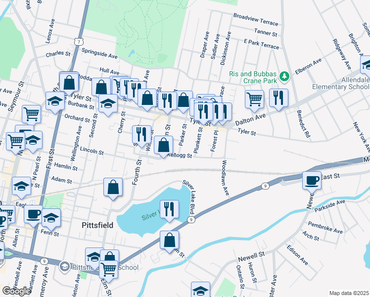map of restaurants, bars, coffee shops, grocery stores, and more near 28-54 Kellogg Street in Pittsfield