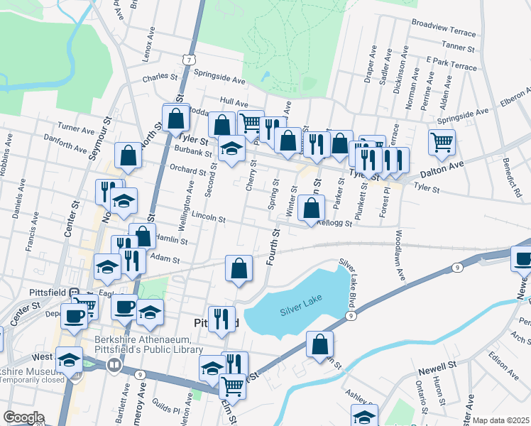 map of restaurants, bars, coffee shops, grocery stores, and more near 4 Curtis Street in Pittsfield