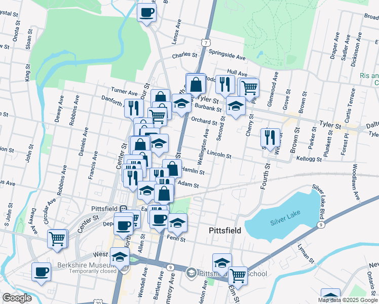 map of restaurants, bars, coffee shops, grocery stores, and more near 81 Maplewood Avenue in Pittsfield