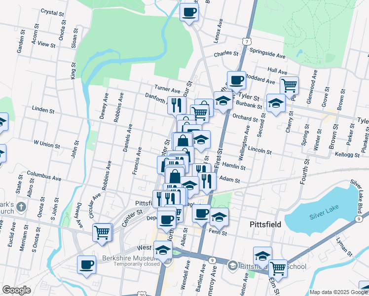 map of restaurants, bars, coffee shops, grocery stores, and more near 409 North Street in Pittsfield