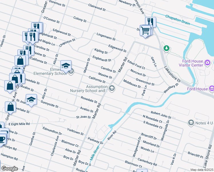 map of restaurants, bars, coffee shops, grocery stores, and more near 22131 Marter Road in St. Clair Shores