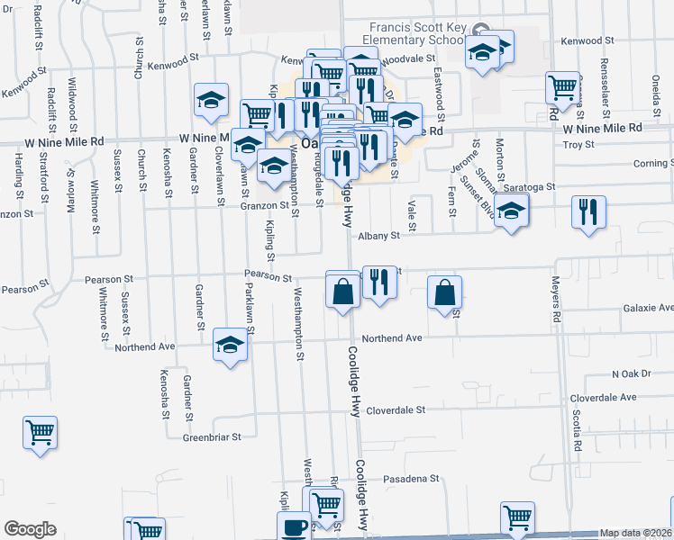 map of restaurants, bars, coffee shops, grocery stores, and more near 13631 Pearson Street in Oak Park