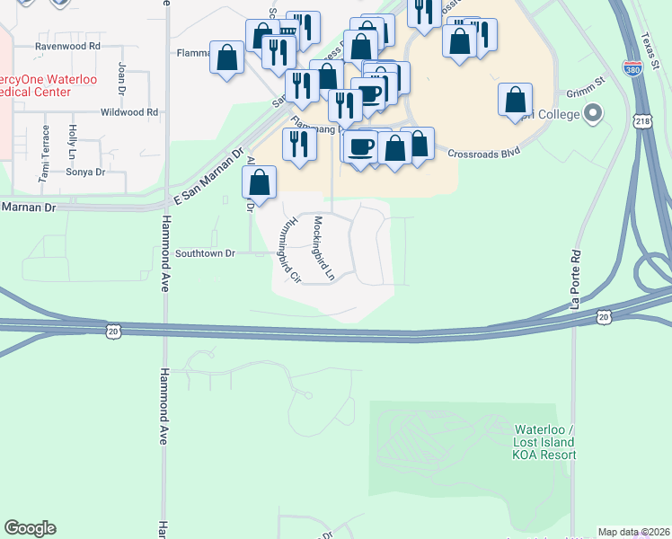 map of restaurants, bars, coffee shops, grocery stores, and more near 1433 Hummingbird Circle in Waterloo