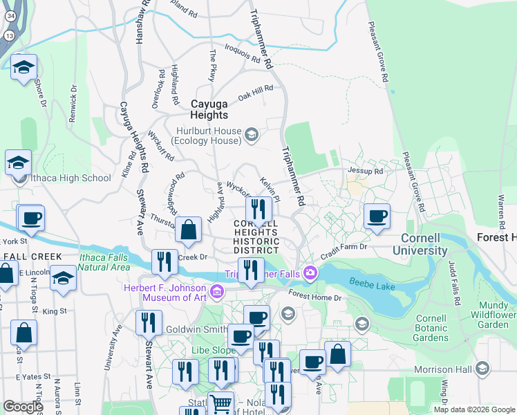 map of restaurants, bars, coffee shops, grocery stores, and more near 205 Wyckoff Avenue in Ithaca