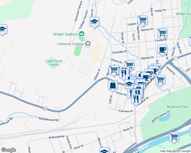 map of restaurants, bars, coffee shops, grocery stores, and more near 1 Clinton Street in Oneonta