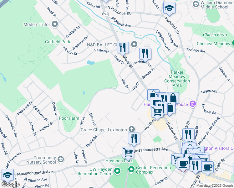 map of restaurants, bars, coffee shops, grocery stores, and more near 36 Hill Street in Lexington