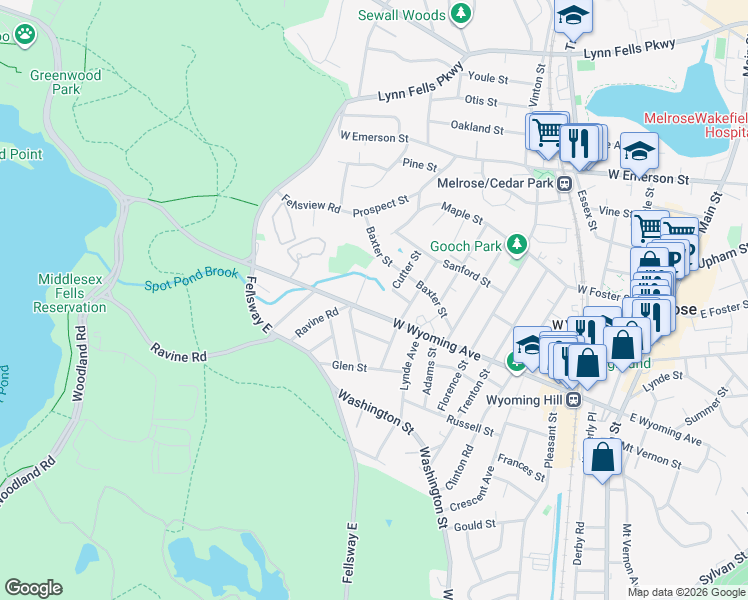 map of restaurants, bars, coffee shops, grocery stores, and more near 245 West Wyoming Avenue in Melrose