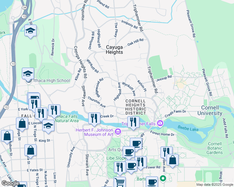 map of restaurants, bars, coffee shops, grocery stores, and more near 150 Highland Avenue in Ithaca