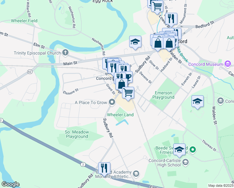 map of restaurants, bars, coffee shops, grocery stores, and more near 202 Sudbury Road in Concord