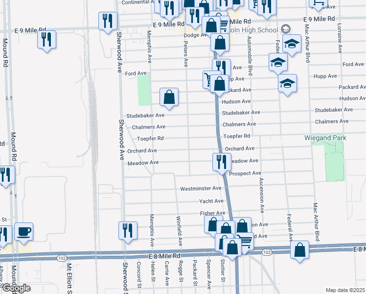 map of restaurants, bars, coffee shops, grocery stores, and more near 7267 Orchard Avenue in Warren