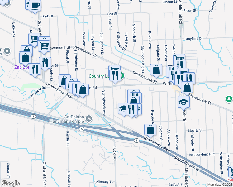 map of restaurants, bars, coffee shops, grocery stores, and more near 22209 Atlantic Pointe in Farmington Hills