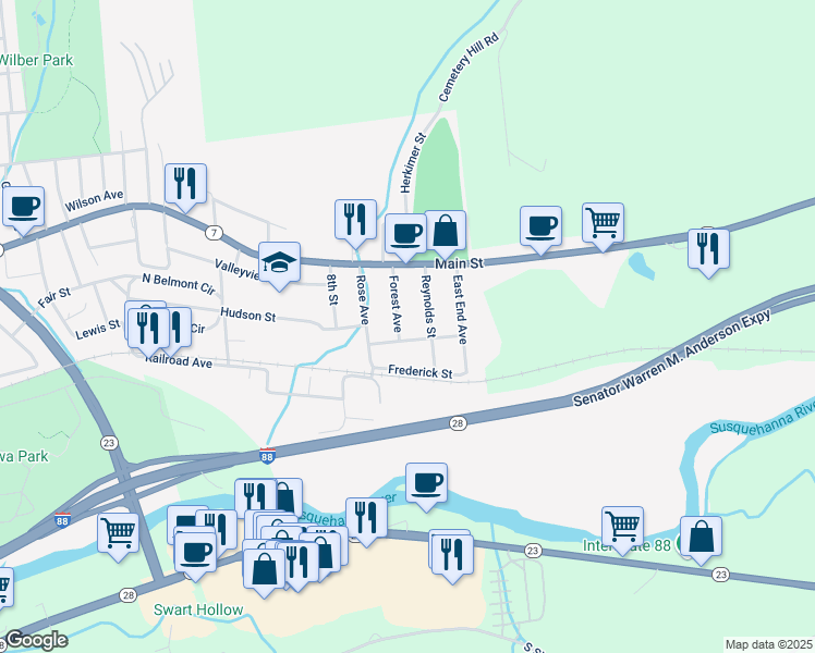 map of restaurants, bars, coffee shops, grocery stores, and more near 18 Chester Street in Oneonta