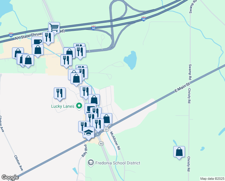 map of restaurants, bars, coffee shops, grocery stores, and more near 3738 East Main Street in Fredonia