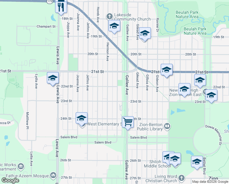 map of restaurants, bars, coffee shops, grocery stores, and more near 2215 Hebron Avenue in Zion