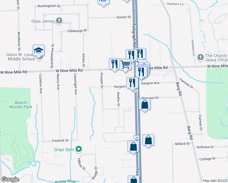 map of restaurants, bars, coffee shops, grocery stores, and more near 22133 Keefer Street in Southfield