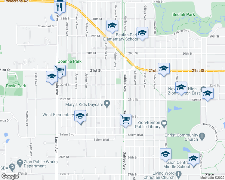 map of restaurants, bars, coffee shops, grocery stores, and more near 2206 Hebron Avenue in Zion
