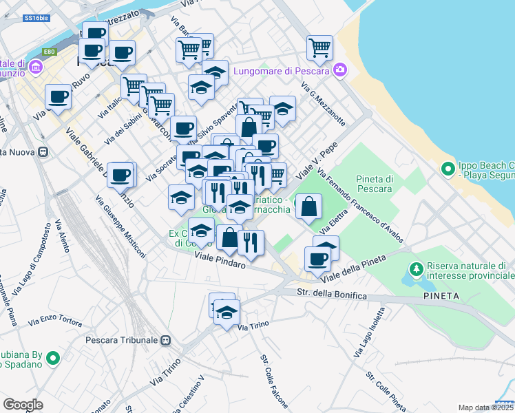 map of restaurants, bars, coffee shops, grocery stores, and more near 15 Viale Vittorio Pepe in Pescara