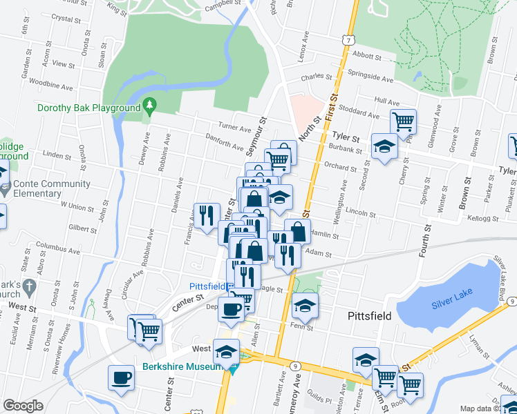 map of restaurants, bars, coffee shops, grocery stores, and more near 443 North Street in Pittsfield