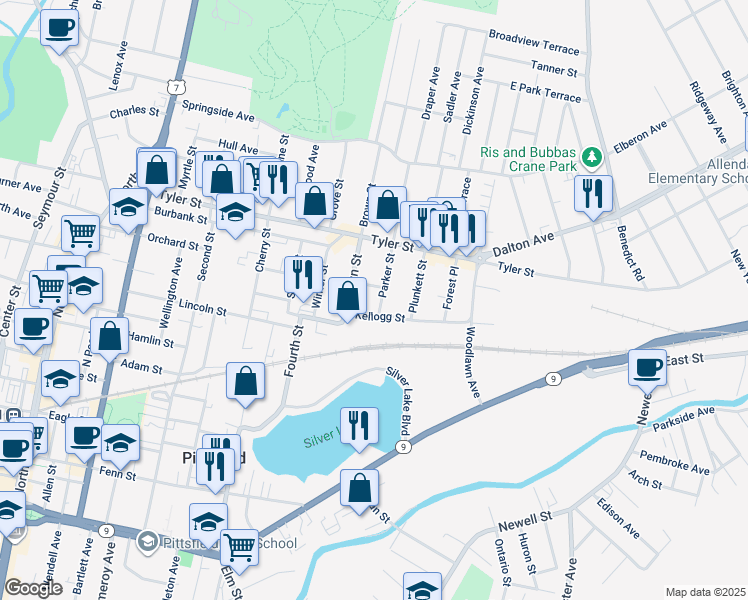 map of restaurants, bars, coffee shops, grocery stores, and more near 11 Parker Street in Pittsfield