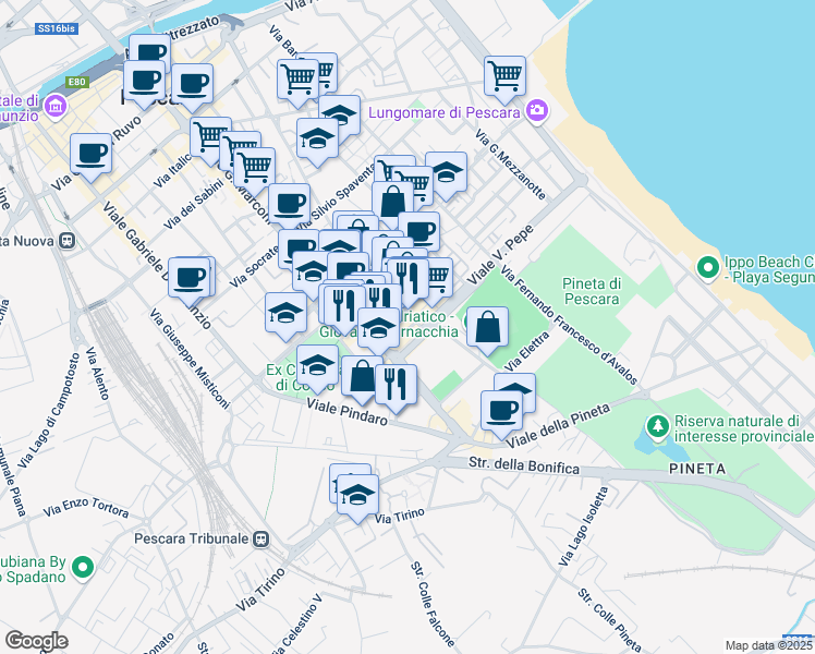 map of restaurants, bars, coffee shops, grocery stores, and more near 304 Viale Guglielmo Marconi in Pescara