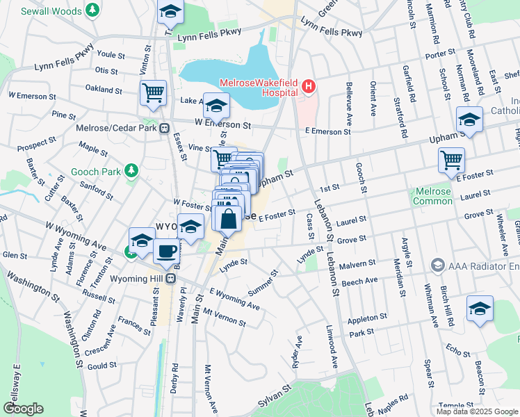 map of restaurants, bars, coffee shops, grocery stores, and more near 37 East Foster Street in Melrose