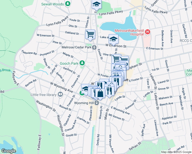 map of restaurants, bars, coffee shops, grocery stores, and more near 99 Cottage Street in Melrose