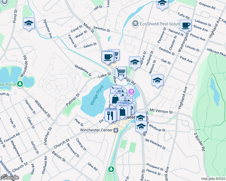 map of restaurants, bars, coffee shops, grocery stores, and more near 1 Wedge Pond Road in Winchester