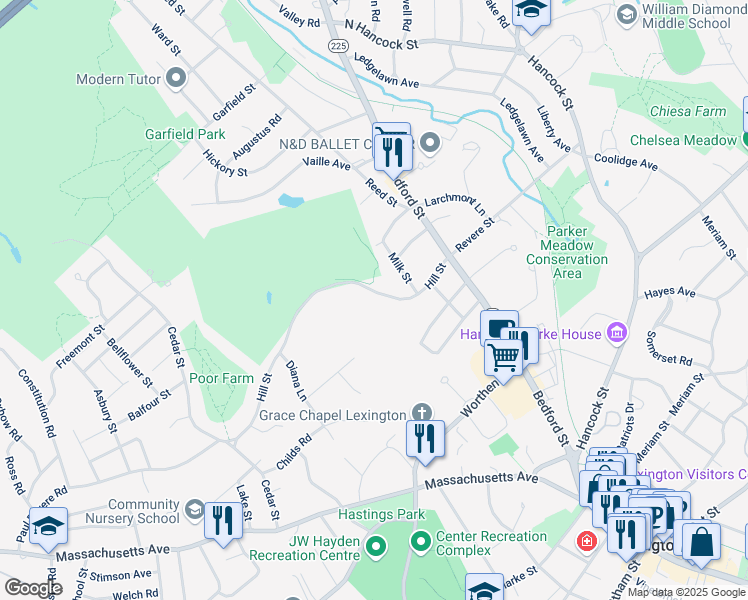 map of restaurants, bars, coffee shops, grocery stores, and more near 36 Hill Street in Lexington