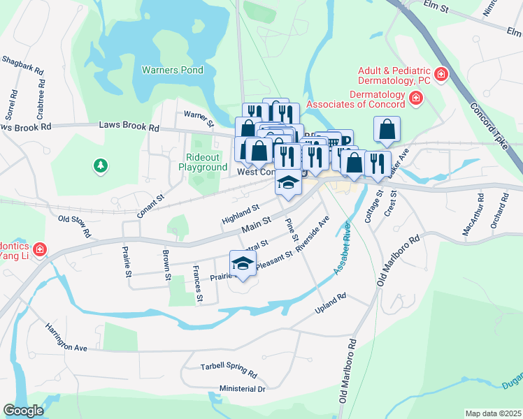 map of restaurants, bars, coffee shops, grocery stores, and more near 1370 Main Street in Concord