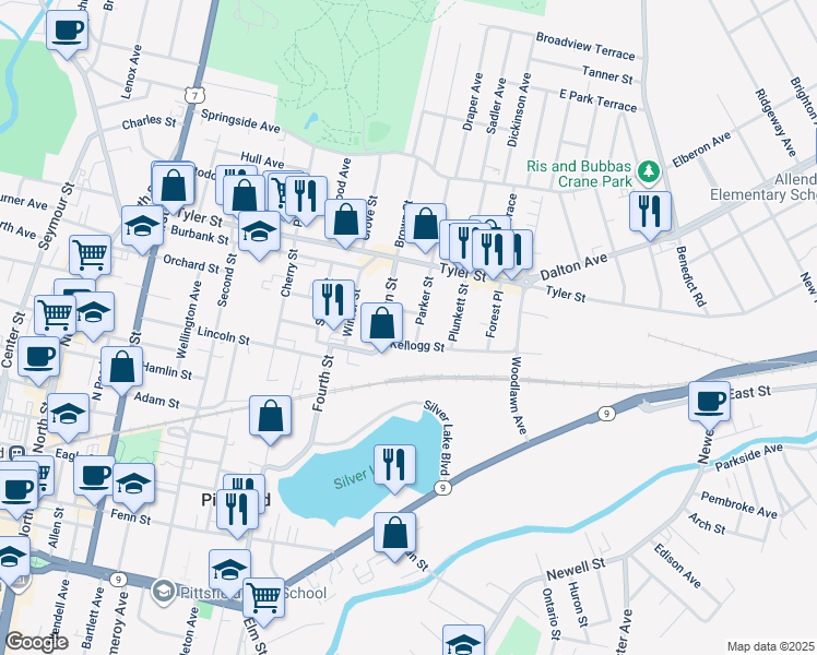 map of restaurants, bars, coffee shops, grocery stores, and more near 13 Kellogg Street in Pittsfield