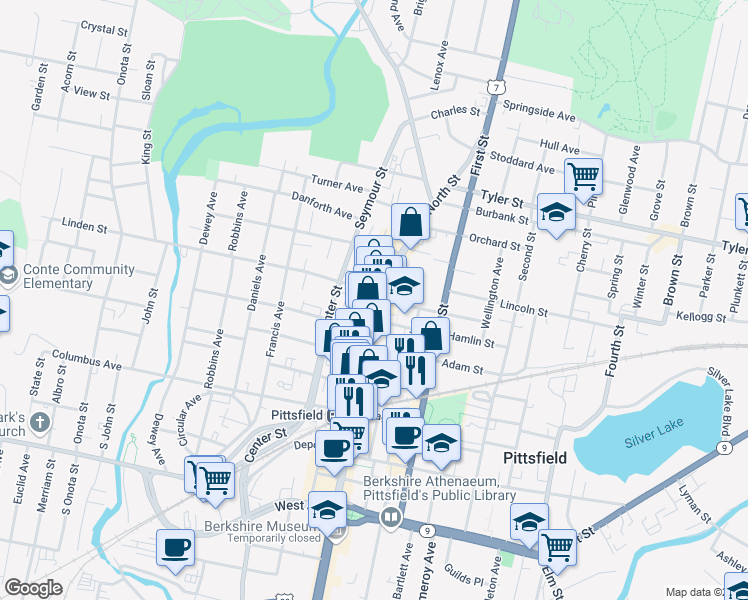 map of restaurants, bars, coffee shops, grocery stores, and more near 409 North Street in Pittsfield
