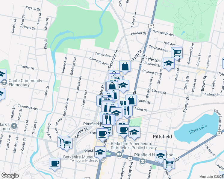 map of restaurants, bars, coffee shops, grocery stores, and more near 409 North Street in Pittsfield
