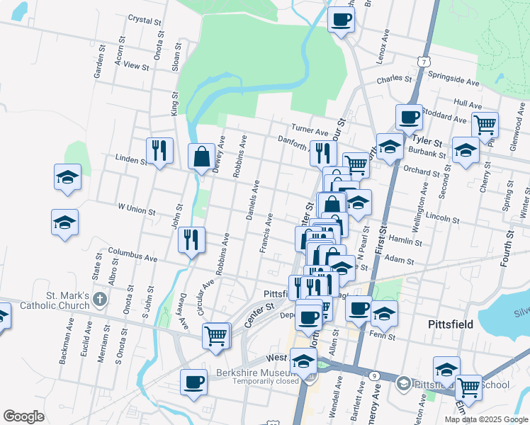 map of restaurants, bars, coffee shops, grocery stores, and more near 179 Francis Avenue in Pittsfield