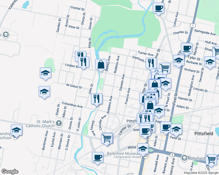 map of restaurants, bars, coffee shops, grocery stores, and more near in Pittsfield