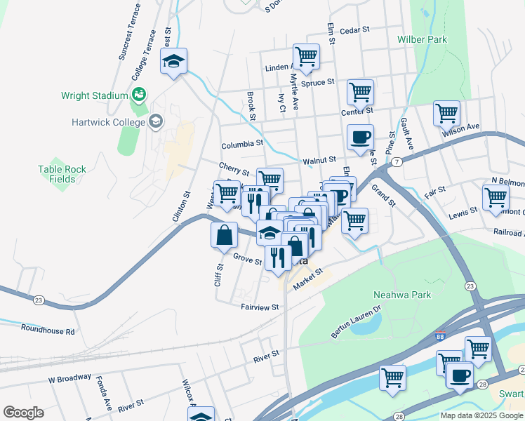 map of restaurants, bars, coffee shops, grocery stores, and more near 78 Chestnut Street in Oneonta
