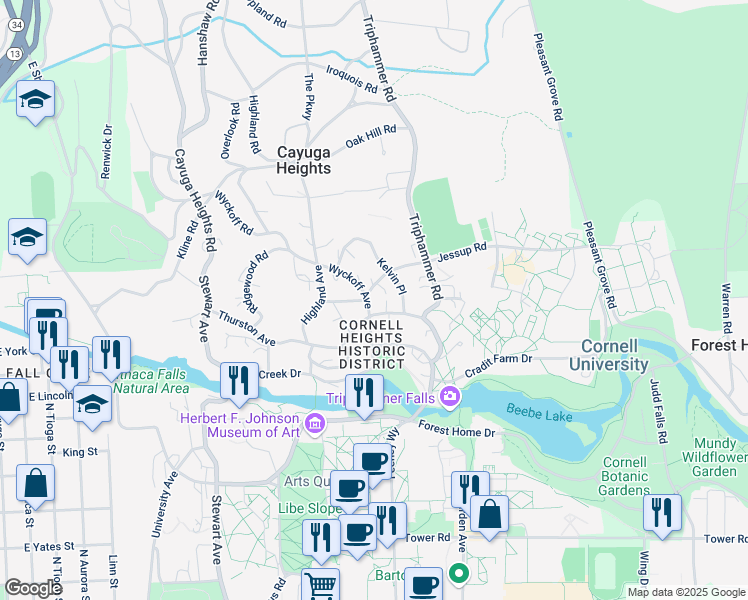 map of restaurants, bars, coffee shops, grocery stores, and more near 205 Wyckoff Avenue in Ithaca
