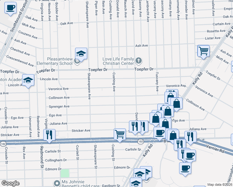map of restaurants, bars, coffee shops, grocery stores, and more near 17030 Collinson Avenue in Eastpointe