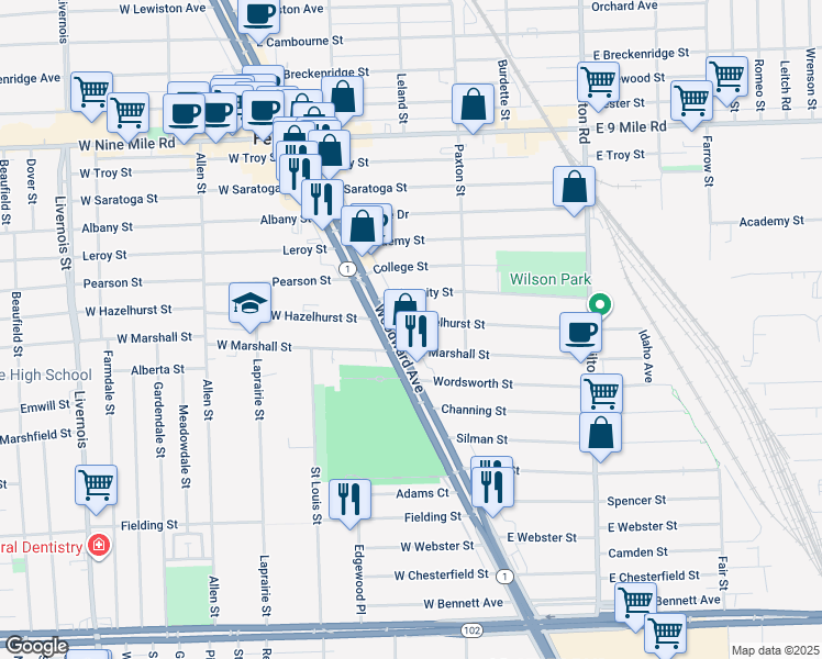 map of restaurants, bars, coffee shops, grocery stores, and more near 22000 Woodward Avenue in Ferndale