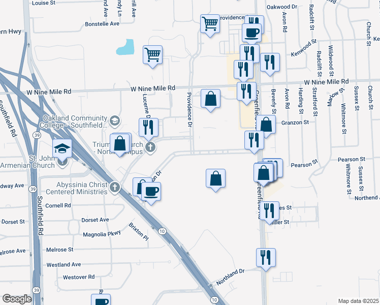 map of restaurants, bars, coffee shops, grocery stores, and more near 16000 Providence Drive in Southfield