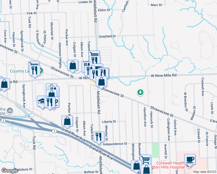 map of restaurants, bars, coffee shops, grocery stores, and more near 29341 Shiawassee Street in Farmington Hills