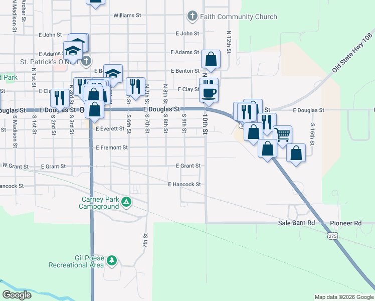 map of restaurants, bars, coffee shops, grocery stores, and more near 348-398 South 9th Street in O'Neill