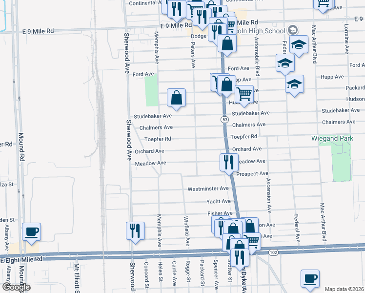 map of restaurants, bars, coffee shops, grocery stores, and more near 7260 Orchard Avenue in Warren