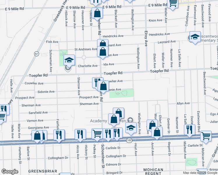 map of restaurants, bars, coffee shops, grocery stores, and more near 13639 Sidonie Avenue in Warren